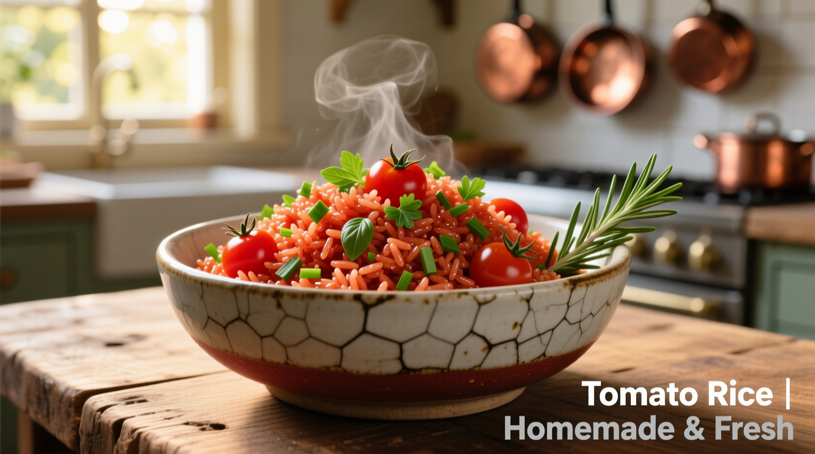 Vibrant tomato rice in ceramic bowl with fresh herbs