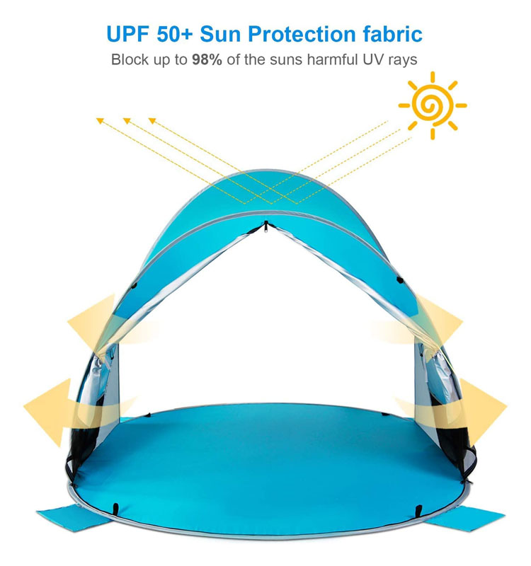 4 Persons Foldable Water, Resistant Uv50 Camping Resort Stretch Hole Frame Half Full Color Beach Tents With Sandbag Anchors/