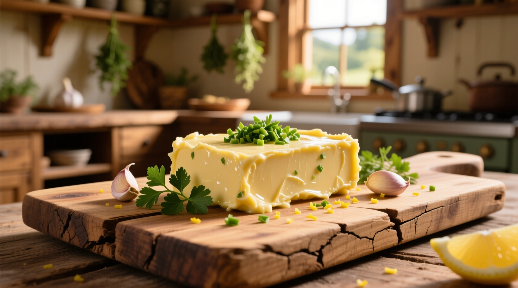 Freshly made garlic herb butter on rustic wooden board