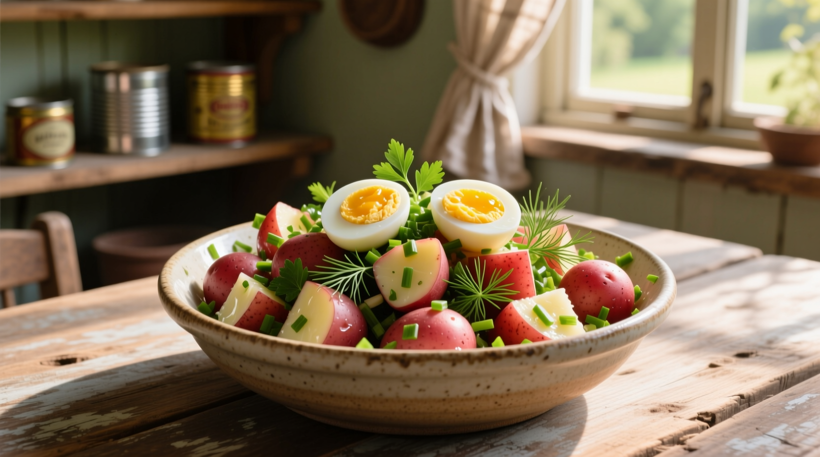 Fresh red potato salad with herbs and eggs