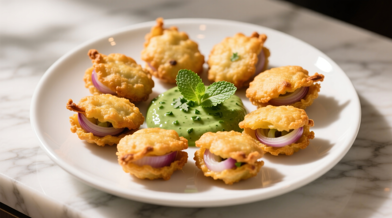 Golden onion bhaji fritters on white plate with mint chutney