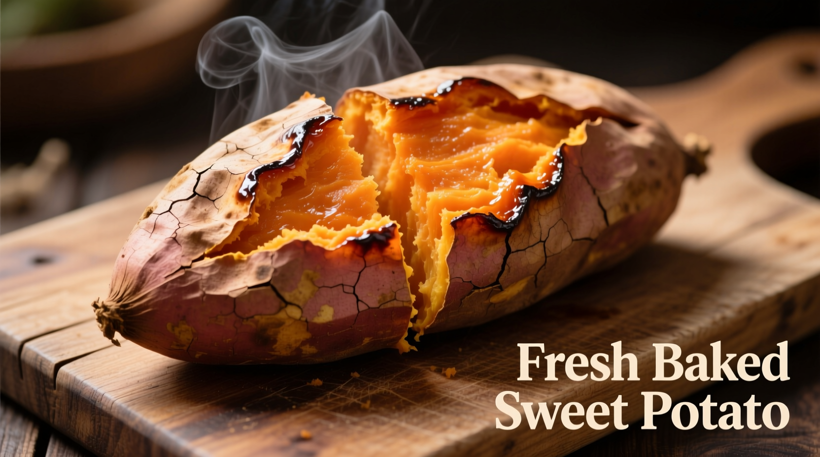 Large baked sweet potato with skin on wooden cutting board