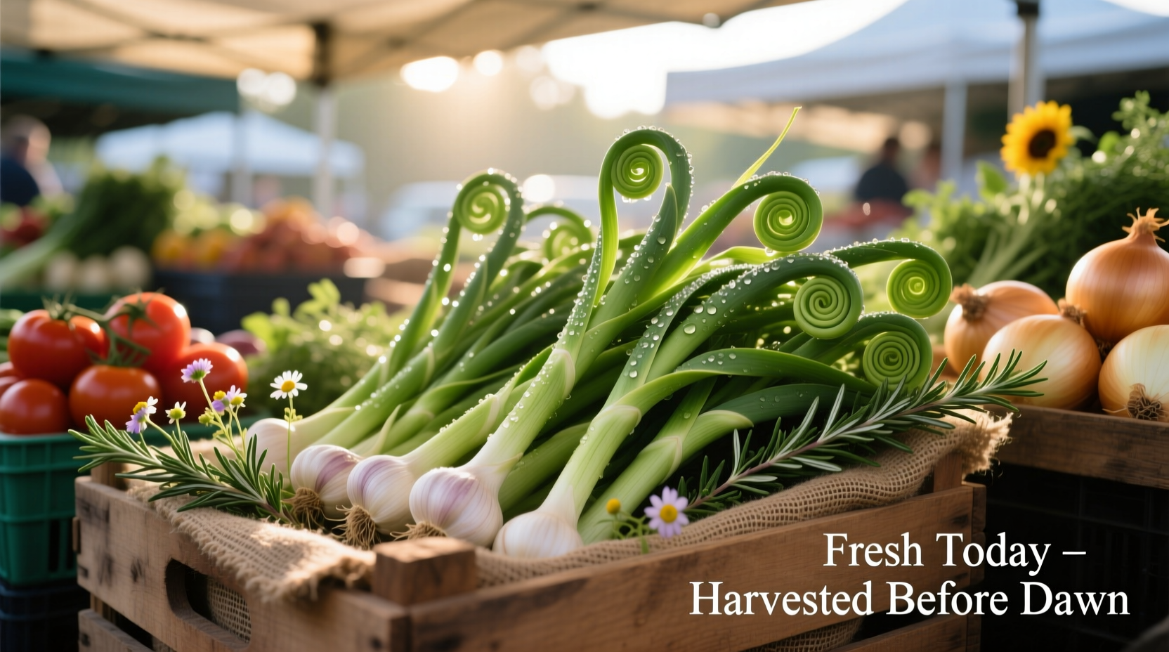 Fresh garlic scapes arranged in a farmers market display