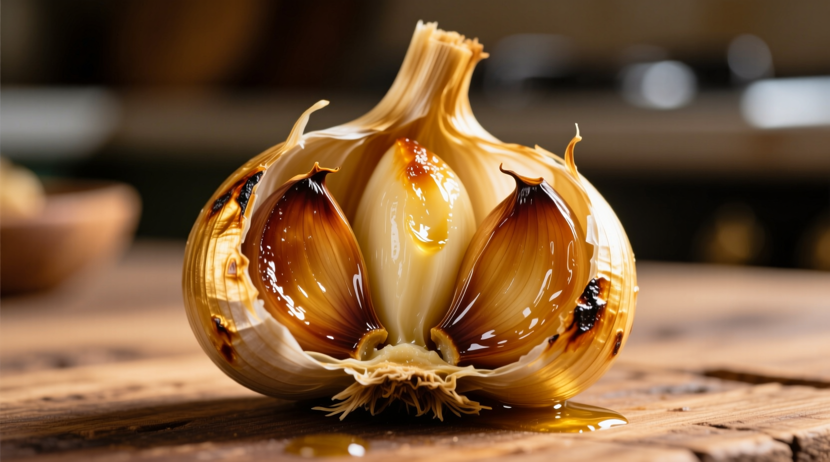 Golden roasted garlic bulb with cloves squeezed out