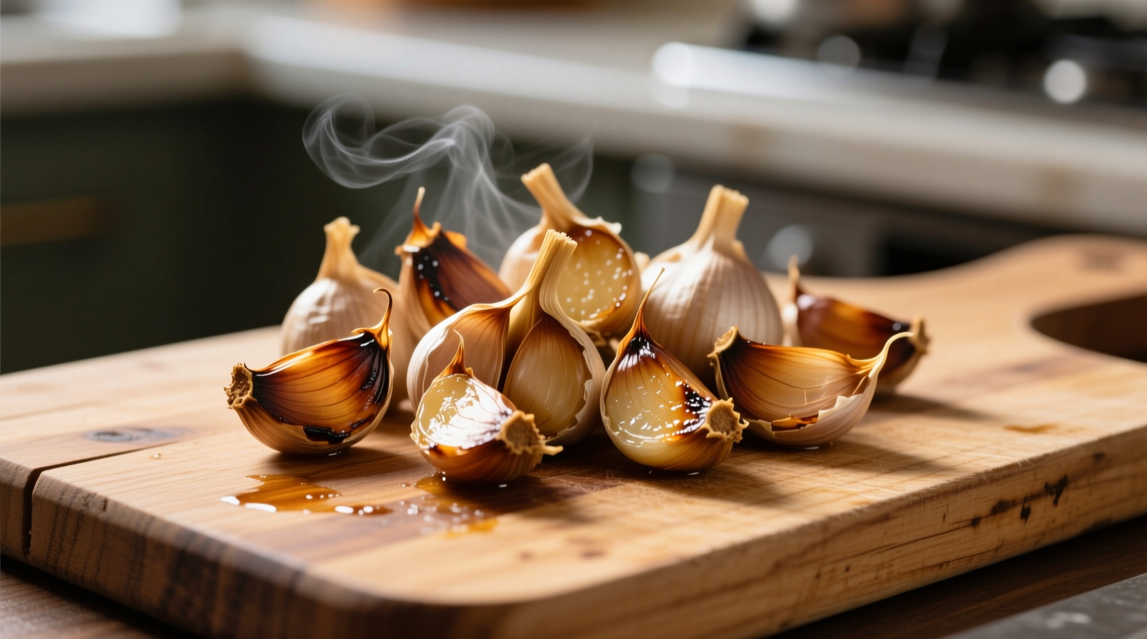 Golden brown roasted garlic cloves on wooden cutting board