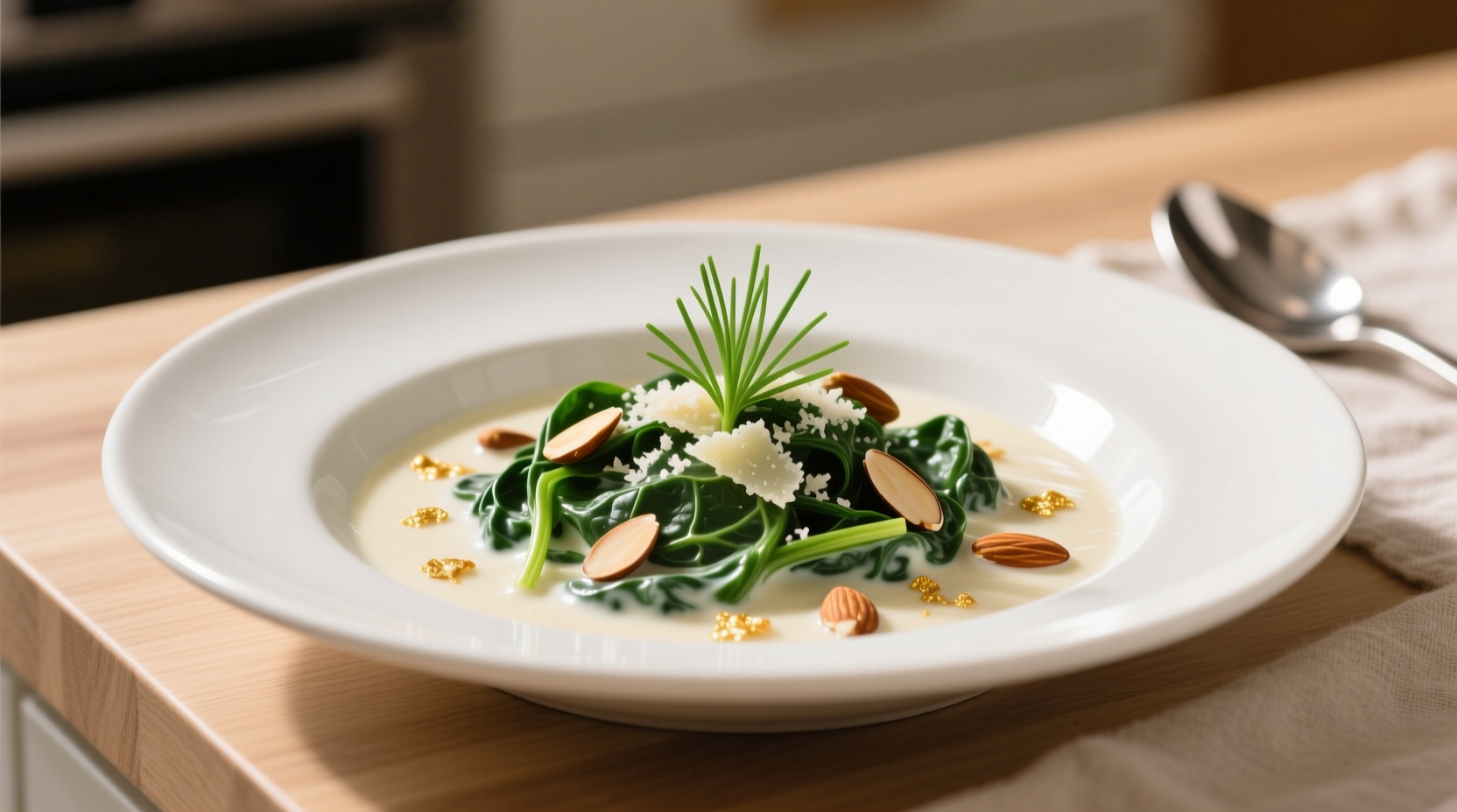 Keto creamed spinach in white ceramic dish