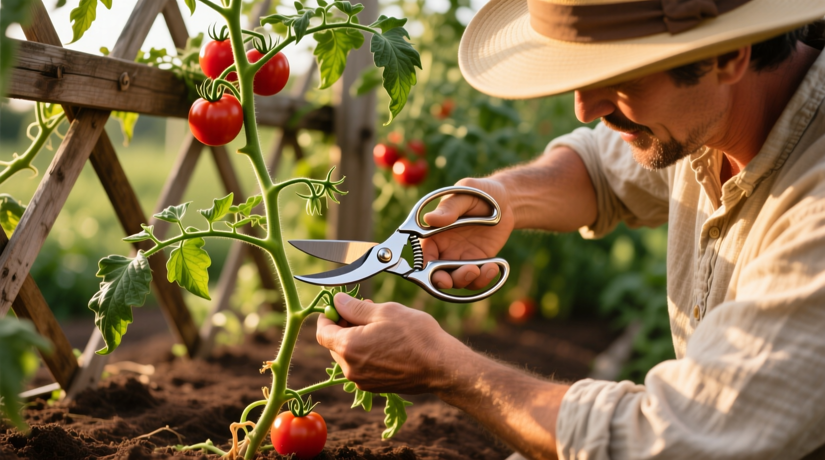 Gardener trimming tomato suckers with clean shears