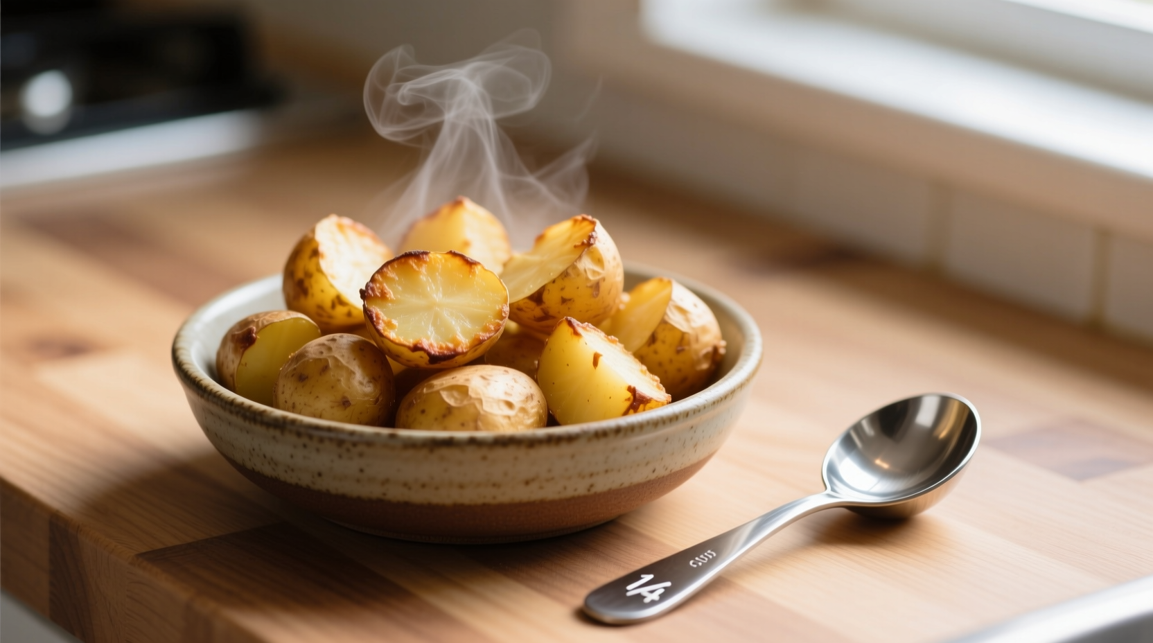 Cooked plain potato pieces next to measuring spoon