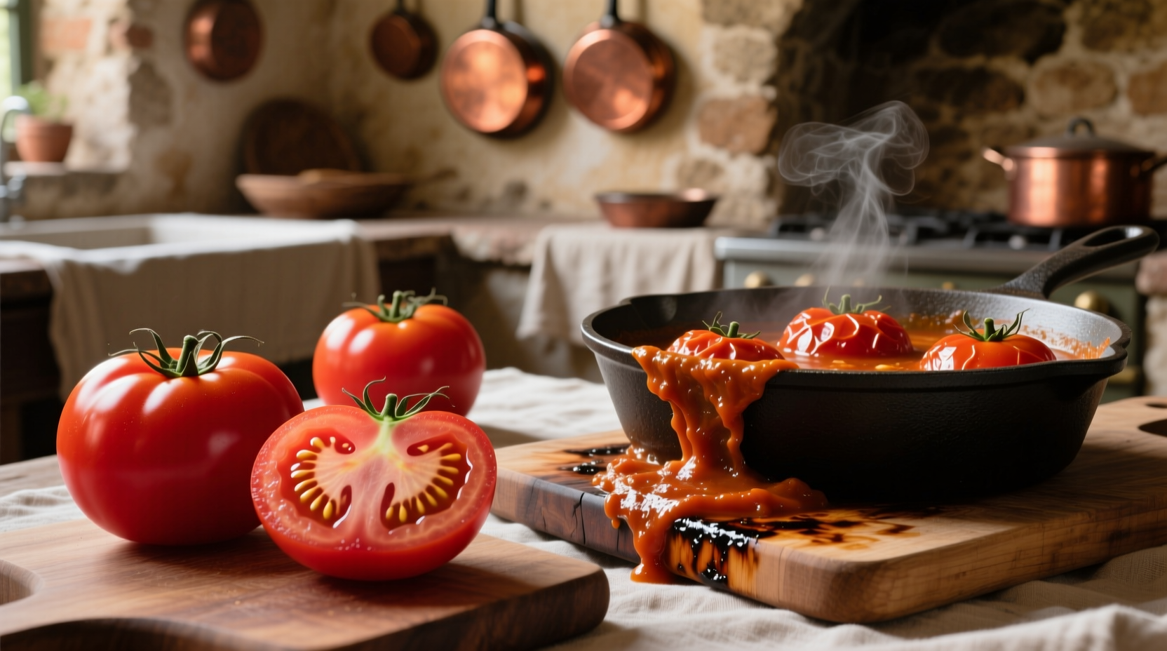 Roma tomatoes in various cooking stages