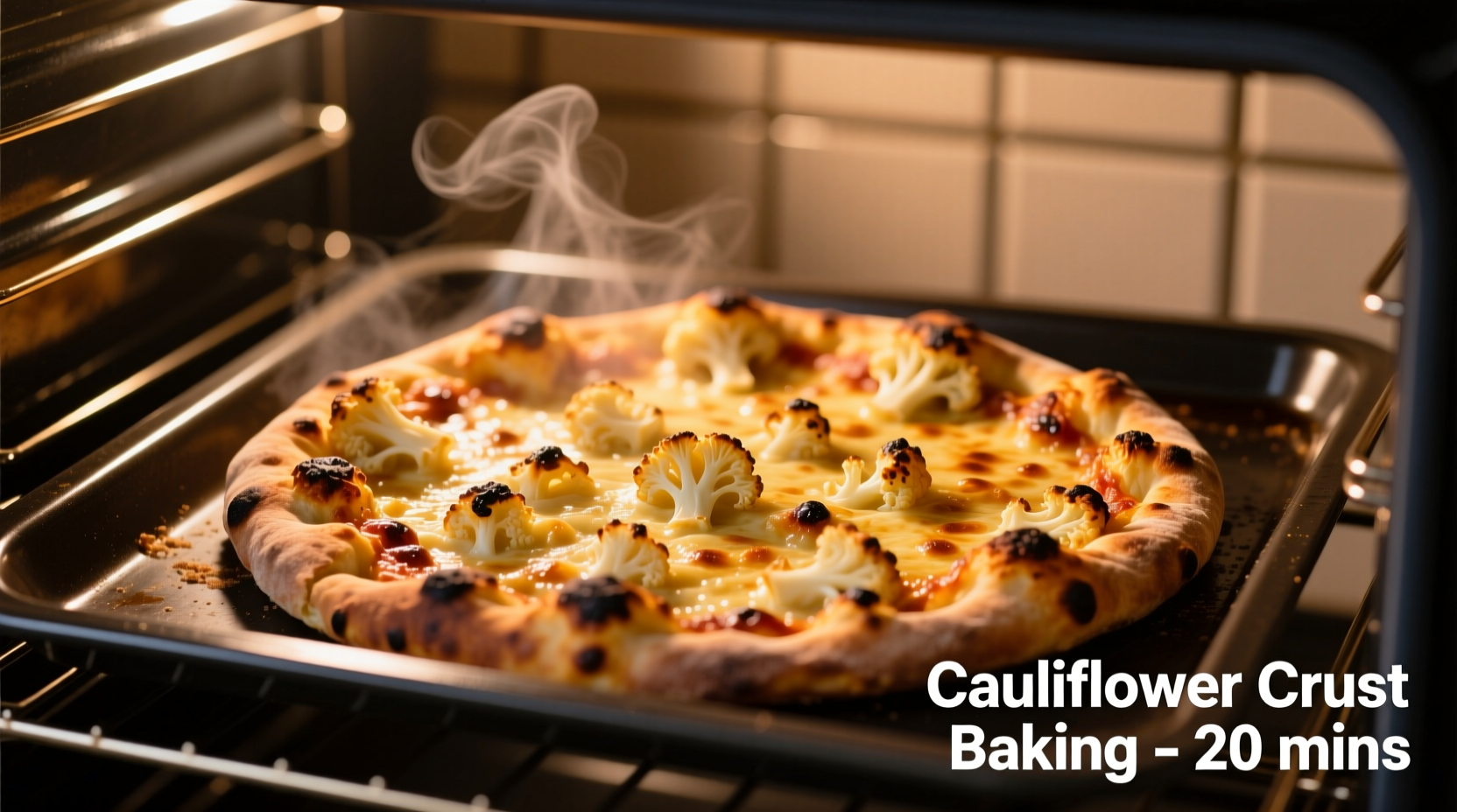Cauliflower pizza crust baking in oven