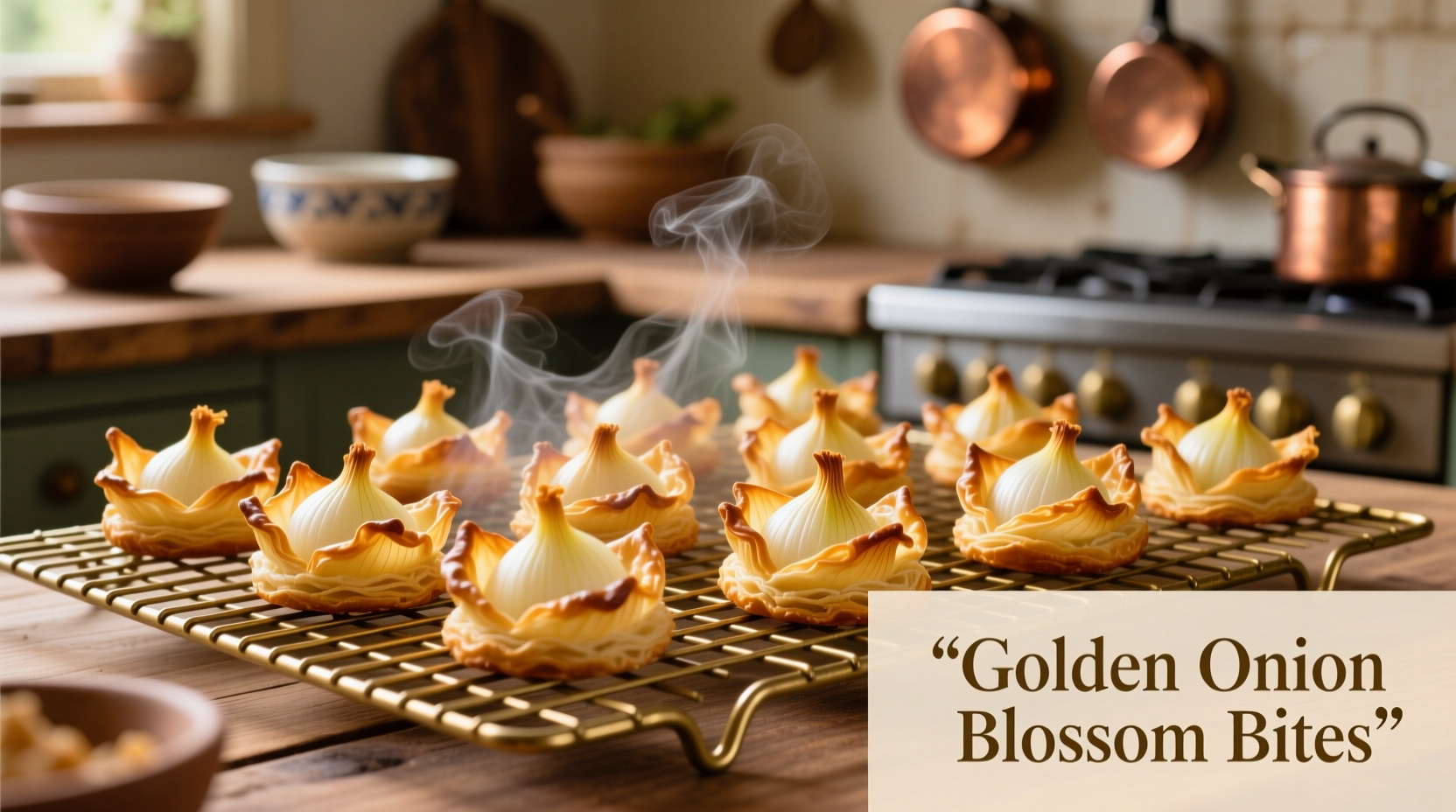 Golden onion blossom bites on cooling rack