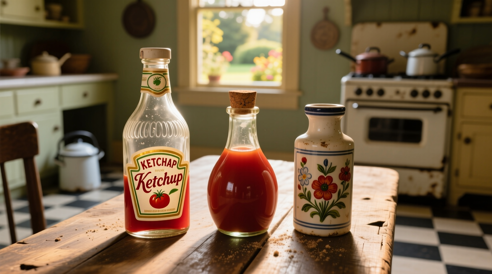 Vintage tomato ketchup bottles from early 20th century