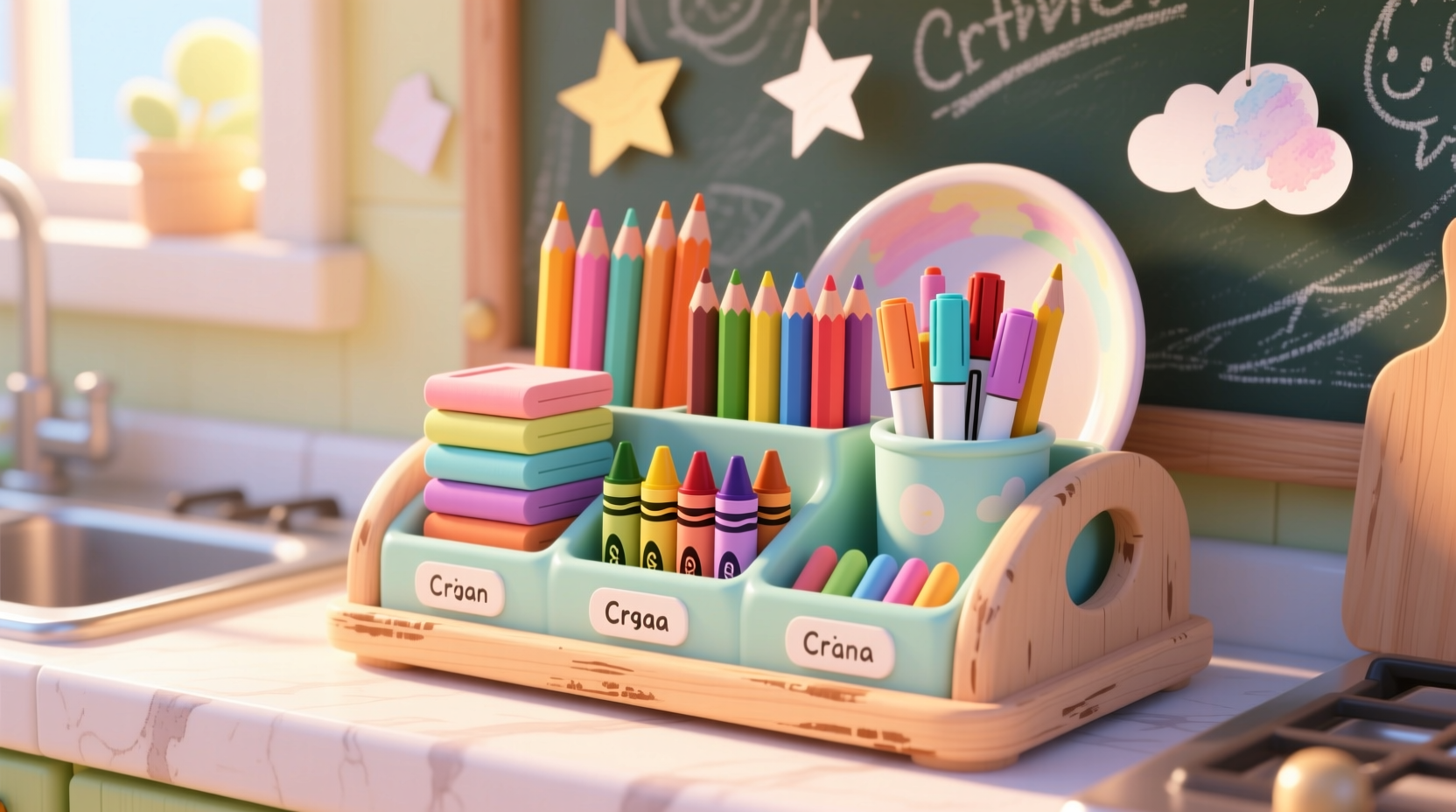 organize kids coloring supplies in a dish rack