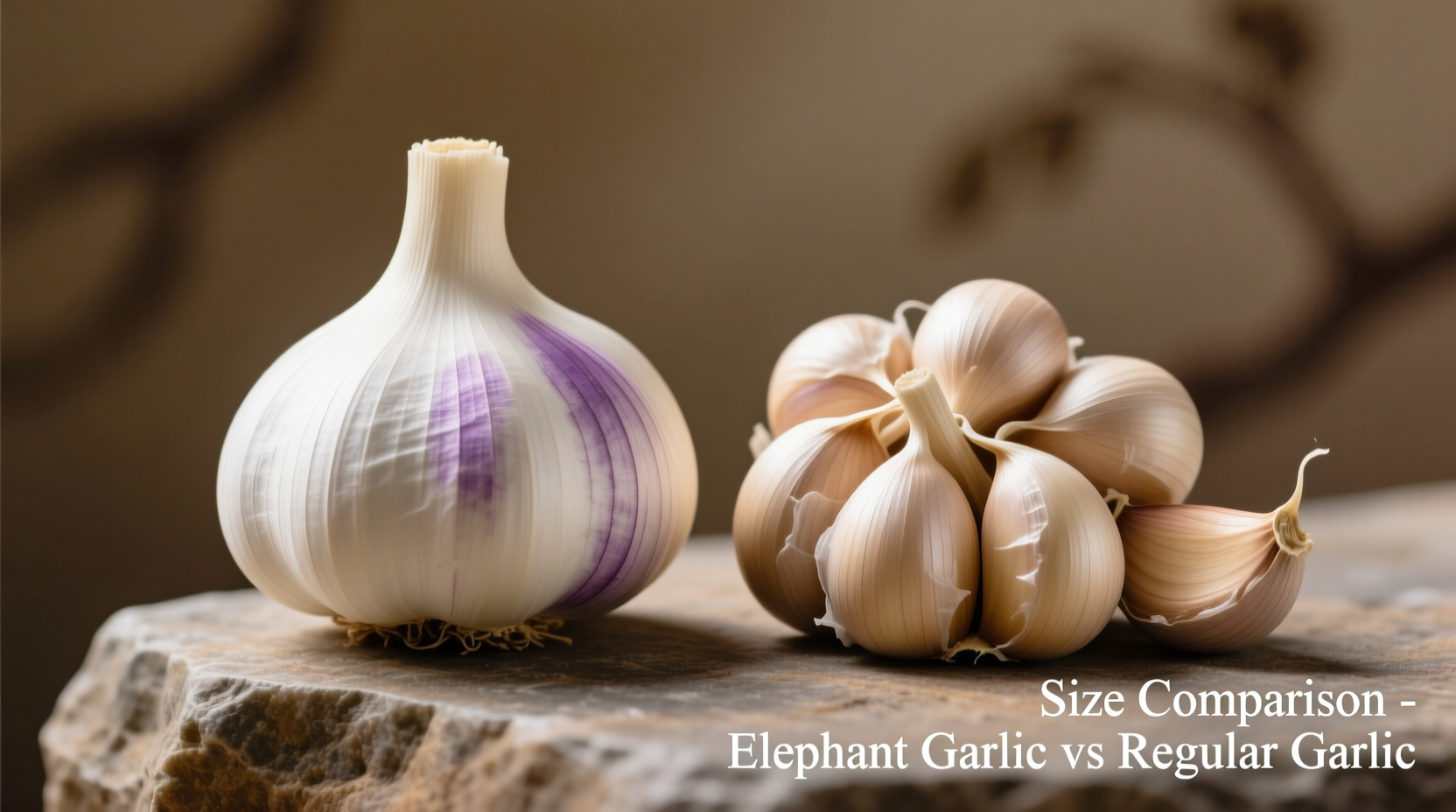 Elephant garlic bulb next to regular garlic for size comparison