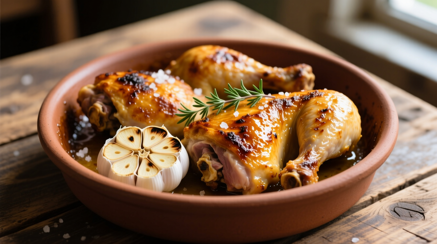 Golden chicken thighs with roasted garlic cloves