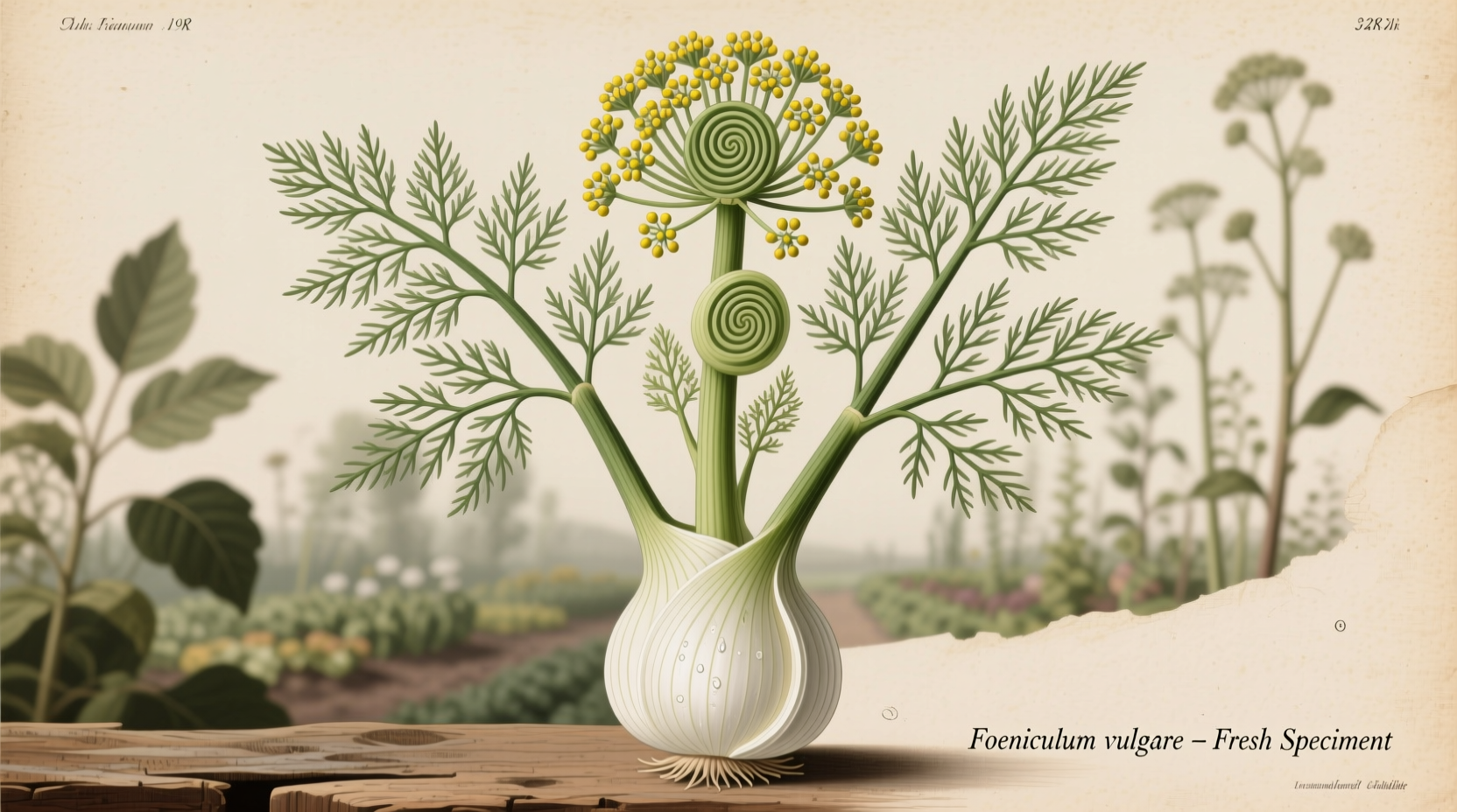 Fresh fennel plant showing bulb, fronds, and seeds