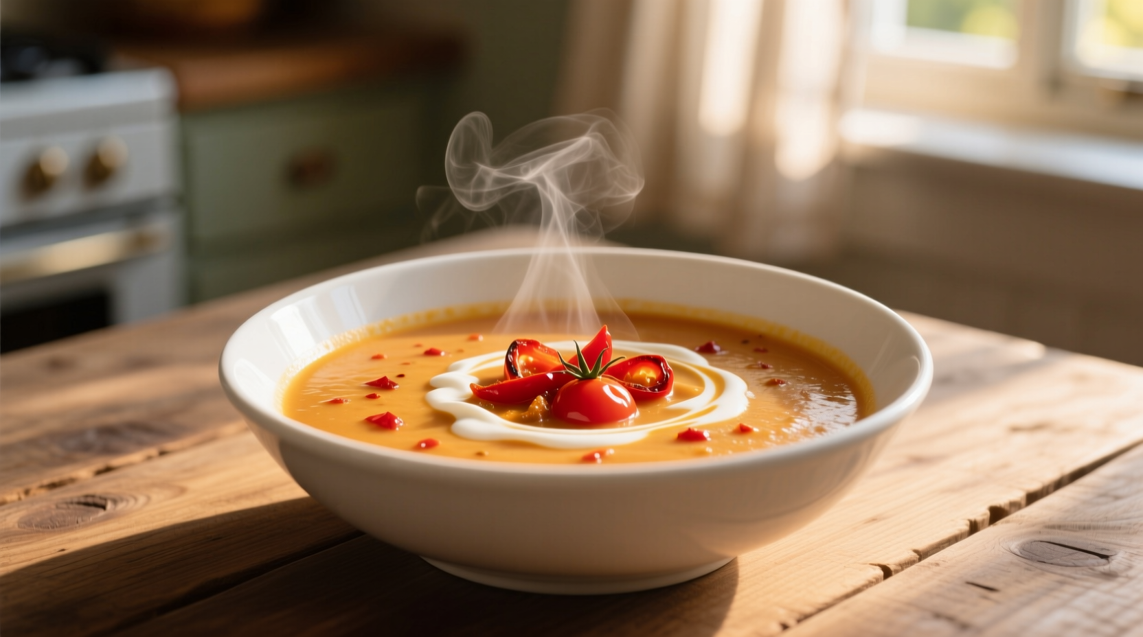 Creamy roasted red pepper tomato soup in white bowl
