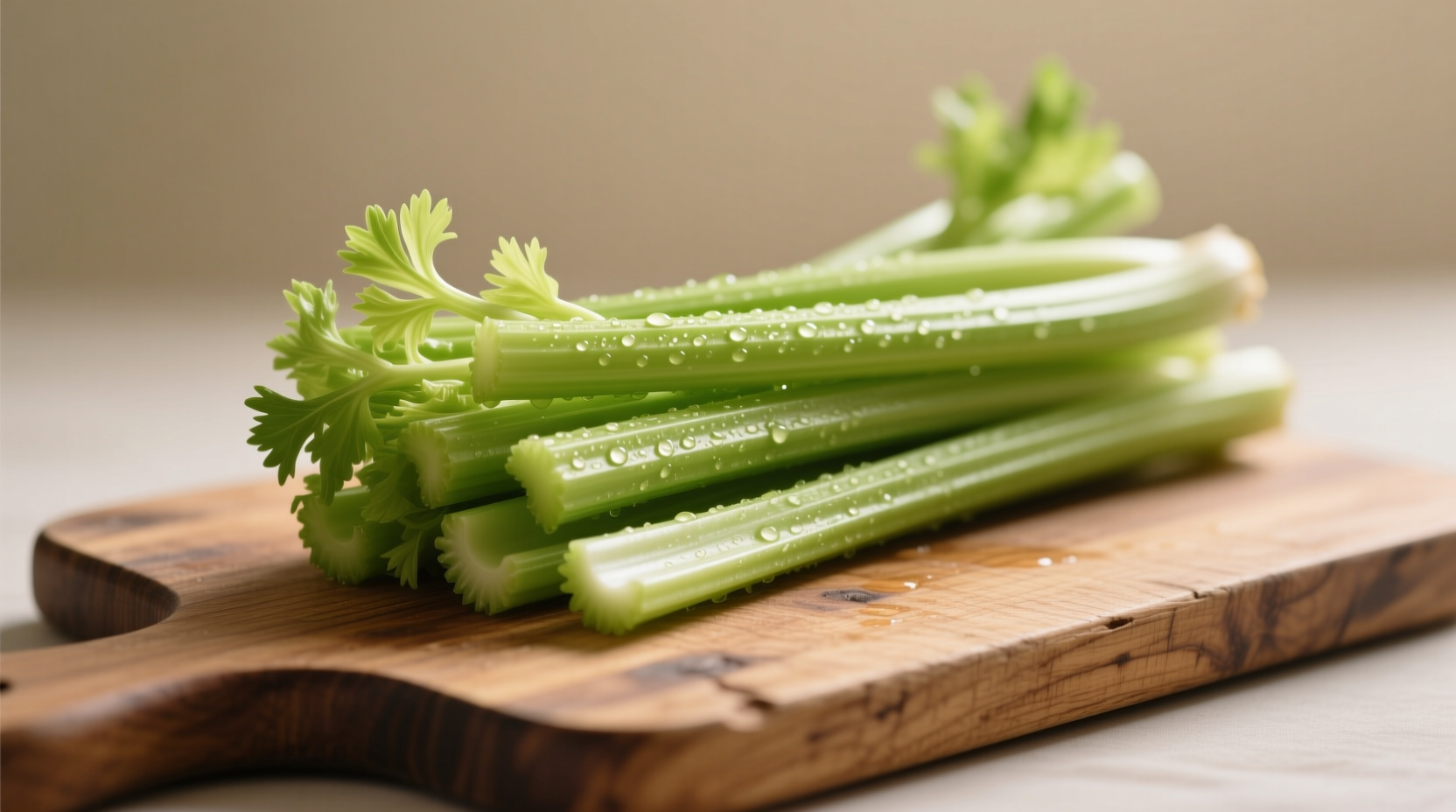 Fresh green celery stalks on wooden cutting board