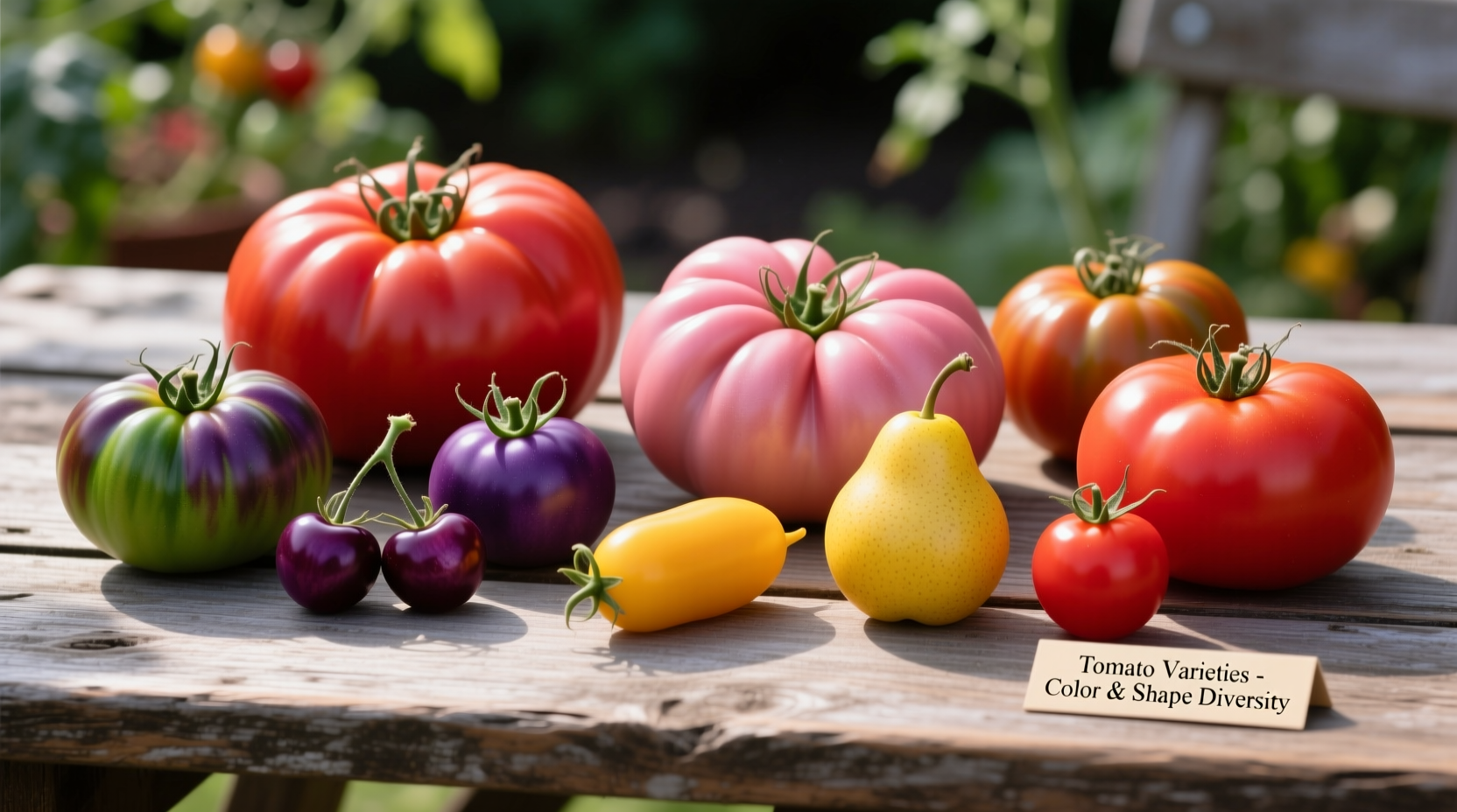 Assortment of common tomato varieties showing color and shape differences