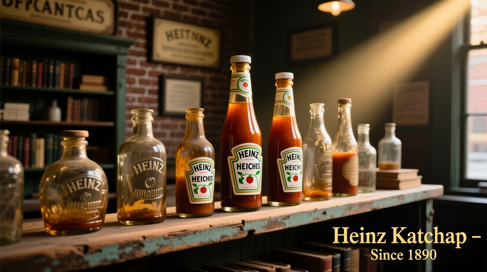Vintage Heinz ketchup bottle display from 1890s