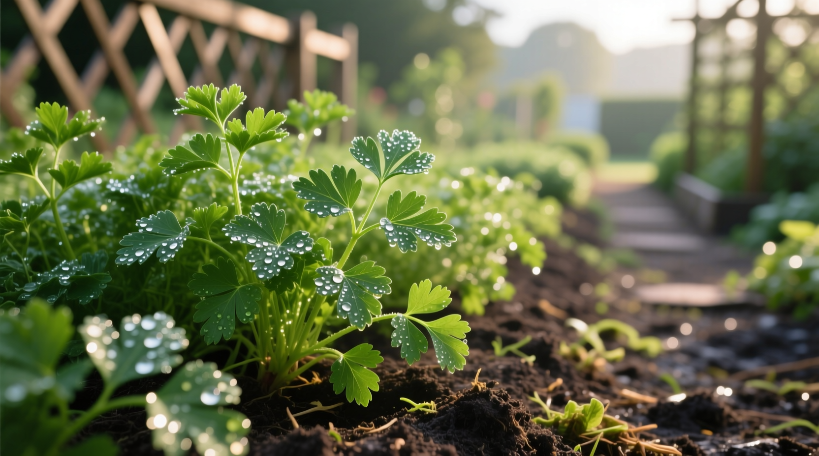 Healthy parsley plants growing in garden bed with morning dew