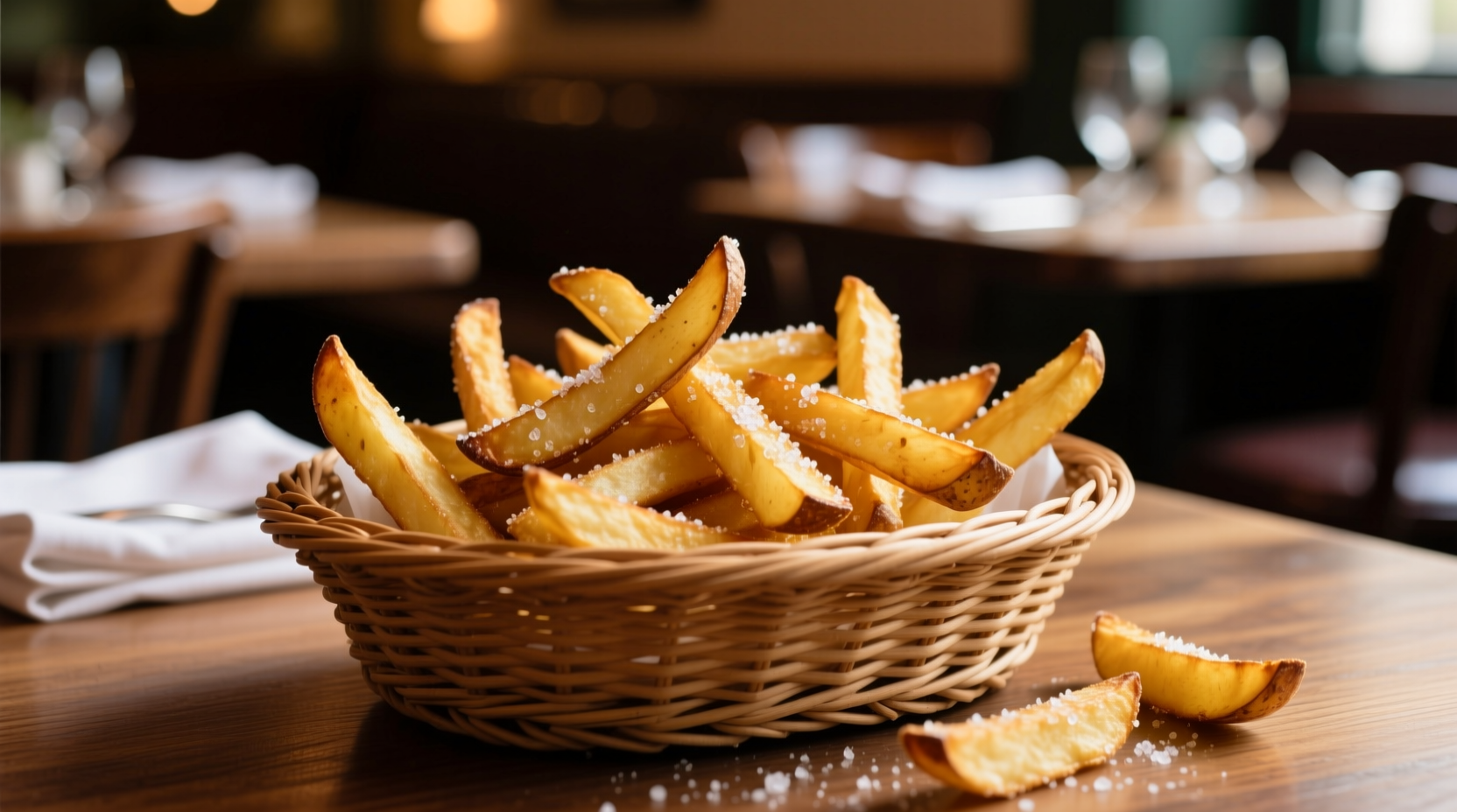 Golden brown potato wedges served in a restaurant basket