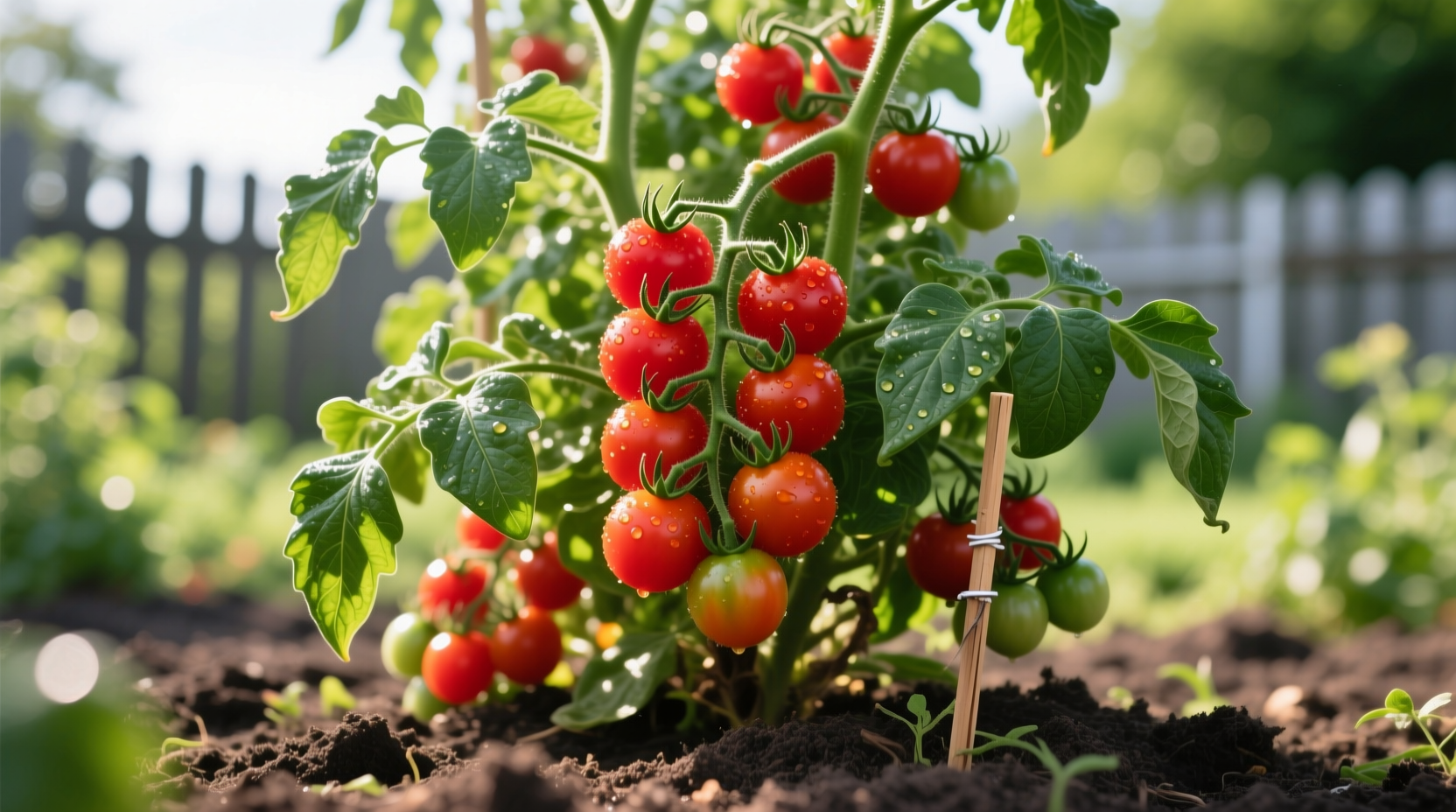 Healthy cherry tomato bush with red fruits and green leaves