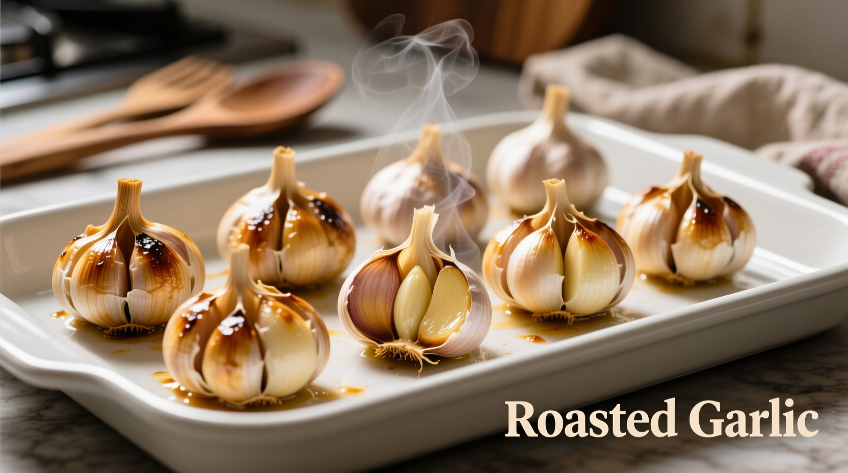 Perfectly roasted garlic cloves on baking sheet