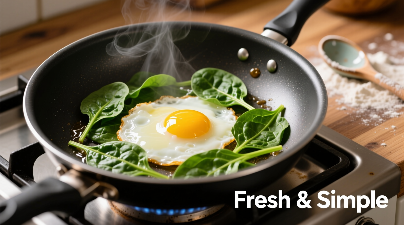 Fresh spinach and eggs cooking in non-stick skillet