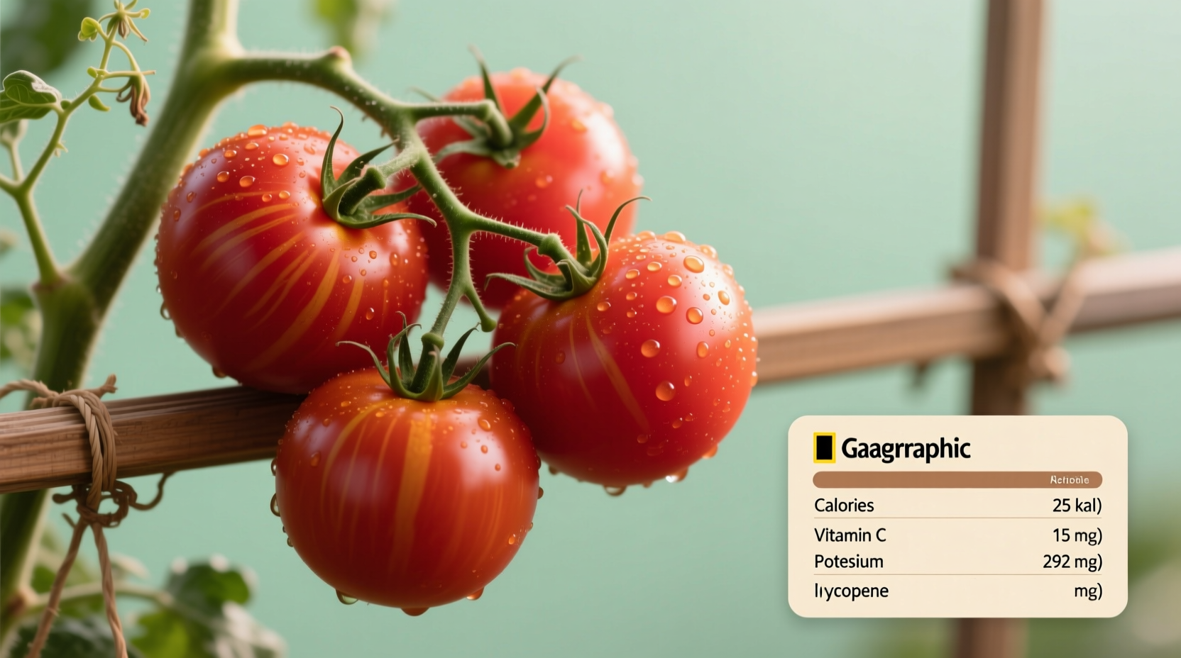 Fresh tomatoes on vine with nutritional information chart