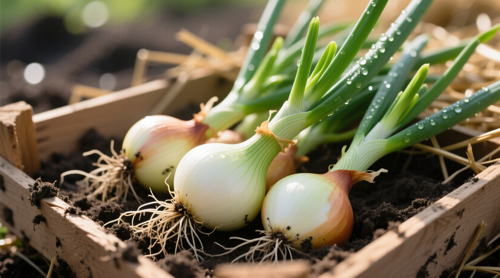 Fresh onion heads with roots and green shoots