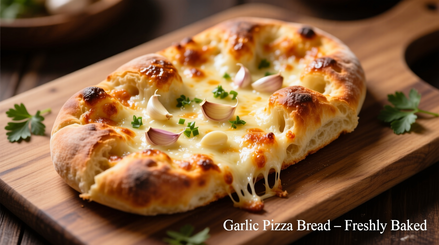 Freshly baked garlic pizza bread with melted cheese