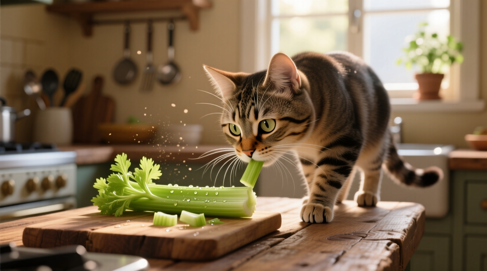 Cat cautiously sniffing small piece of chopped celery