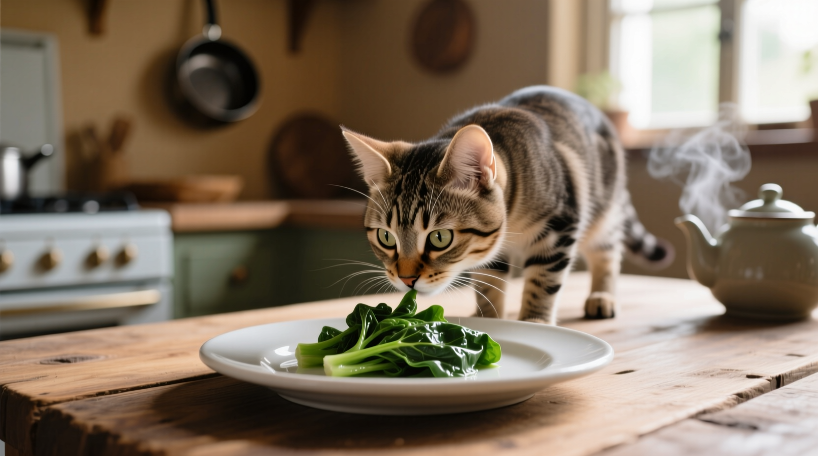 Cat cautiously sniffing small portion of cooked spinach