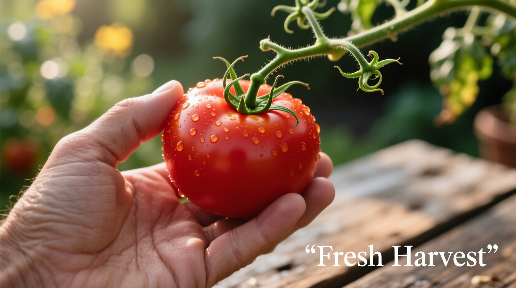 Hand holding perfectly ripe red tomato with vine