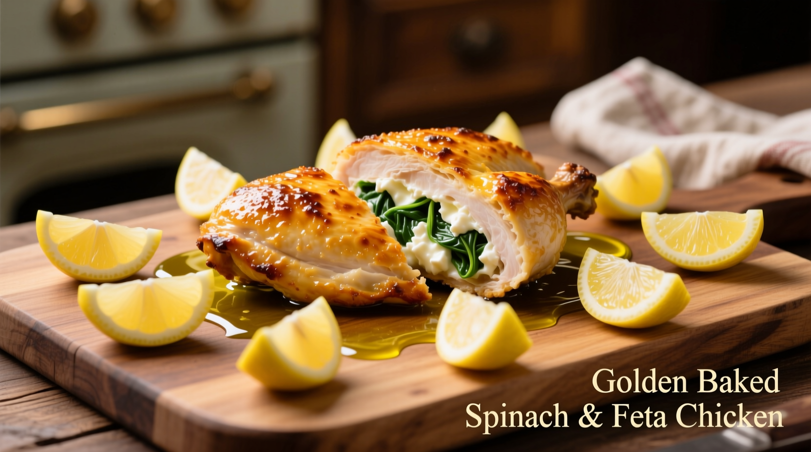Golden baked spinach and feta stuffed chicken with lemon wedges