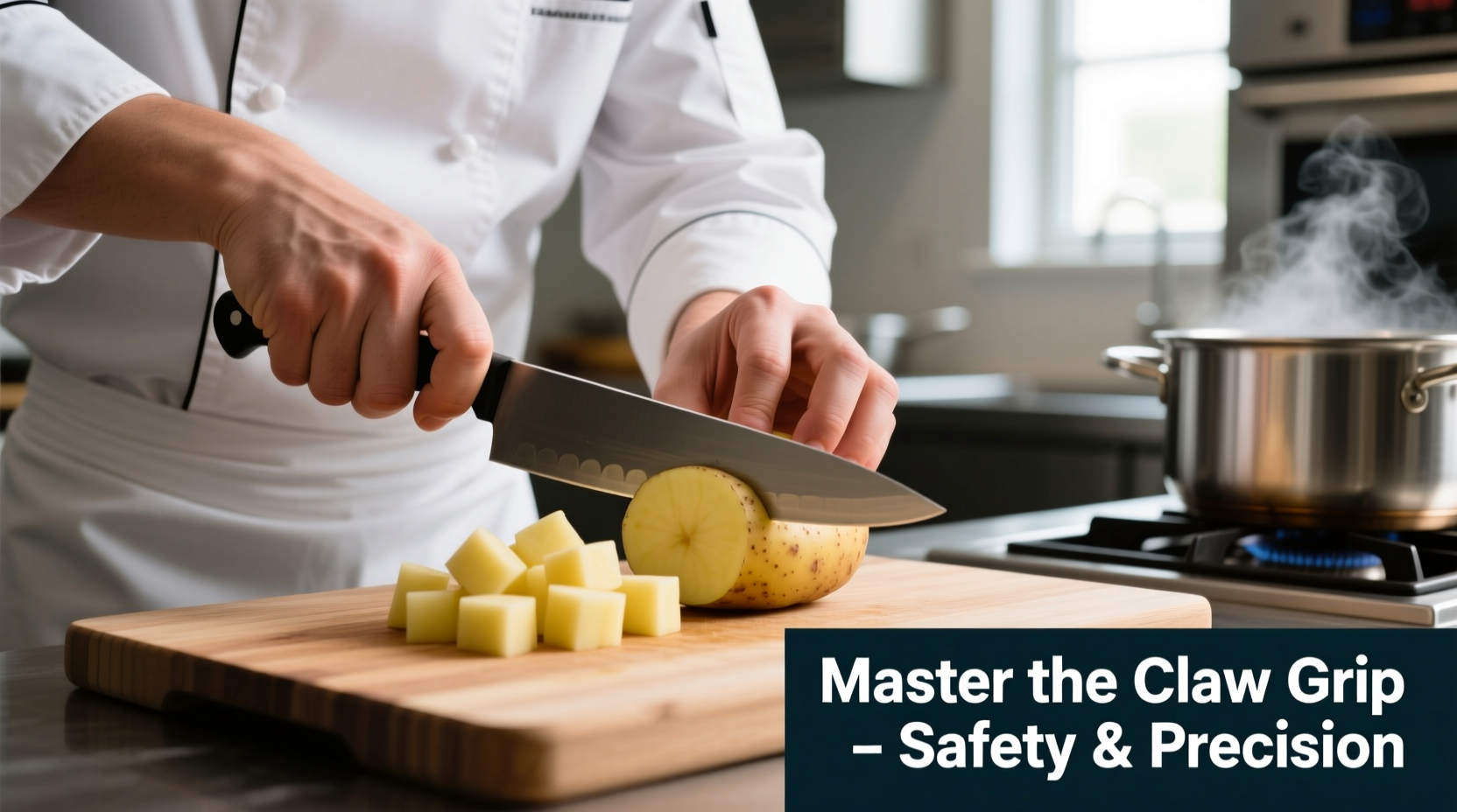 Chef demonstrating proper claw grip while dicing potatoes