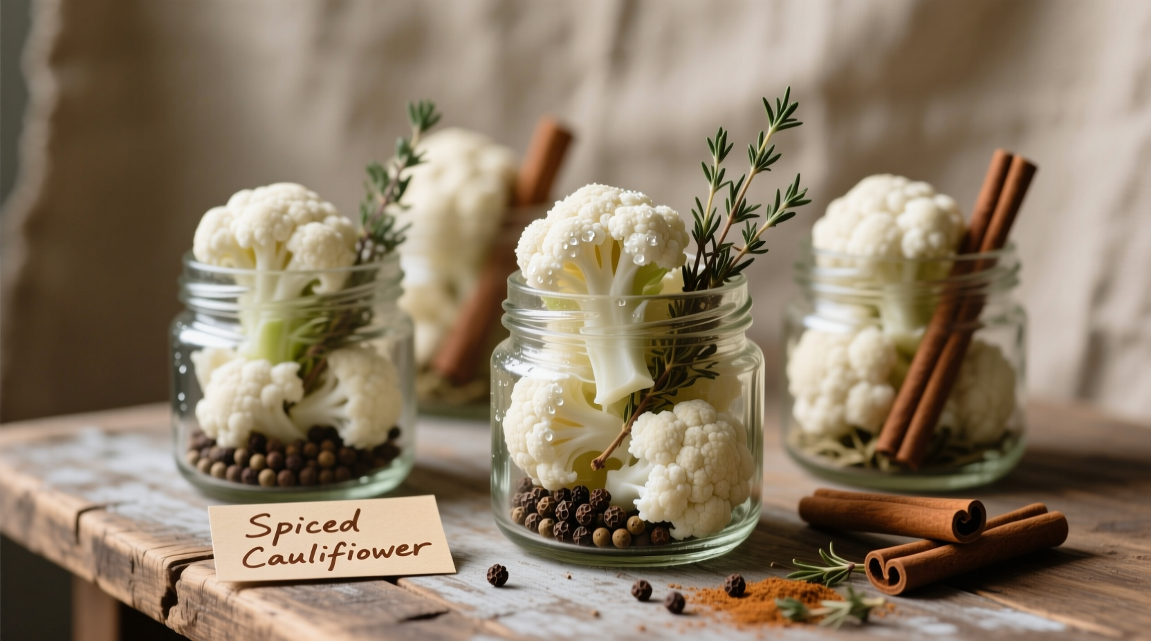 Cauliflower florets in mason jars with spices