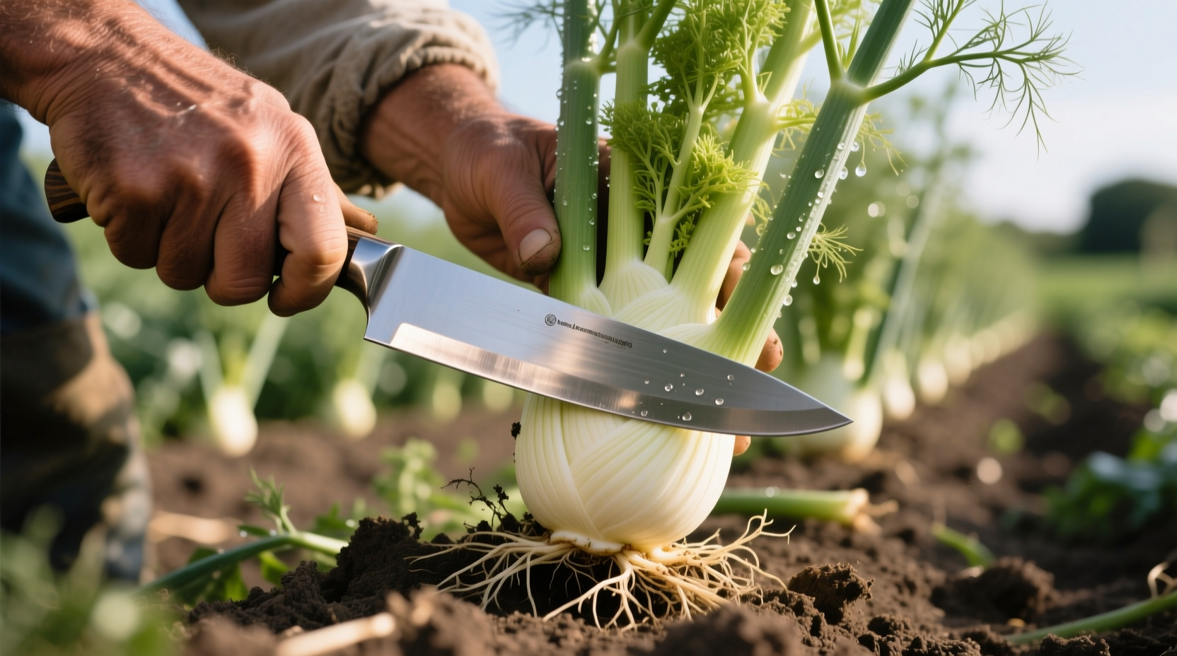 Hand harvesting fennel bulb with sharp knife