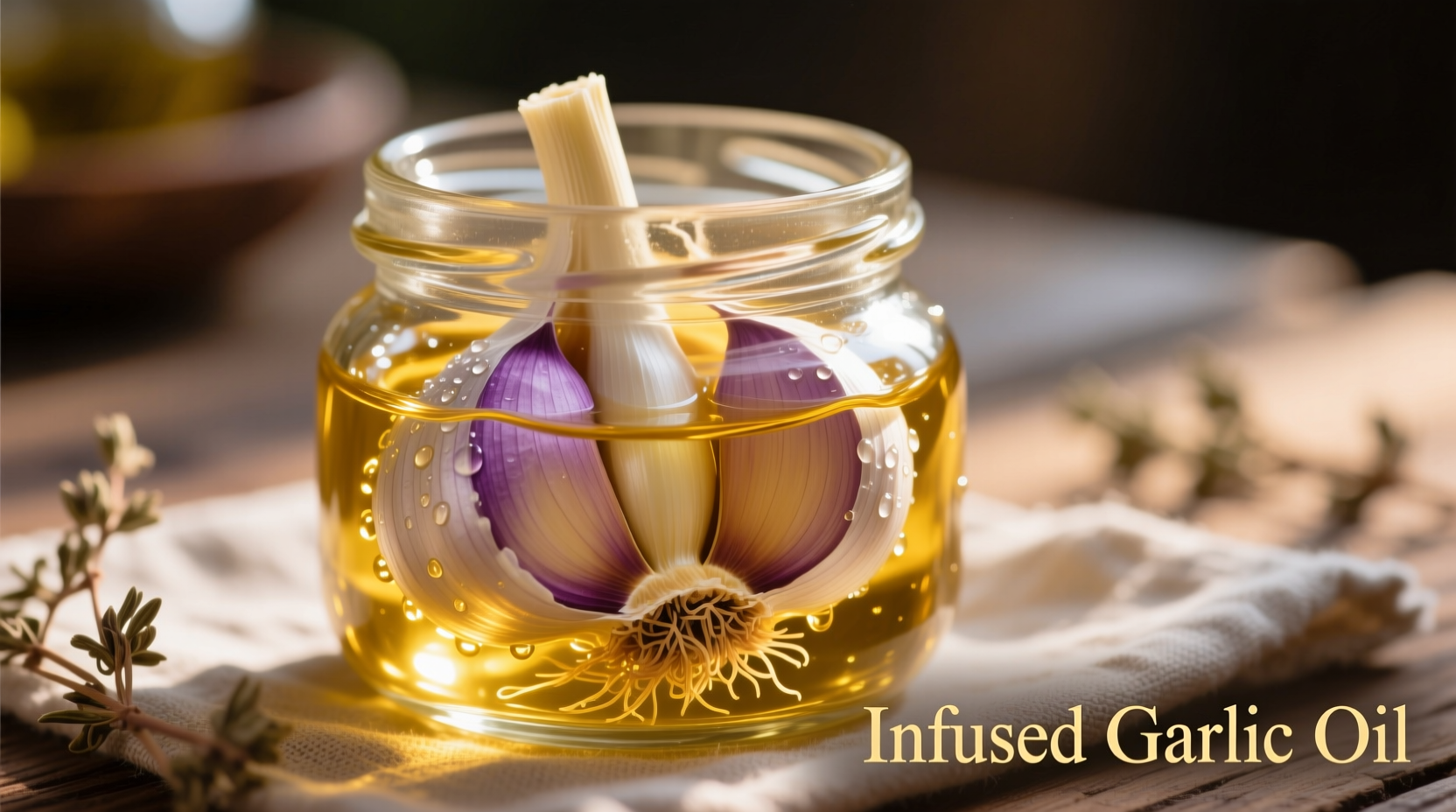 Fresh garlic cloves infusing in golden olive oil