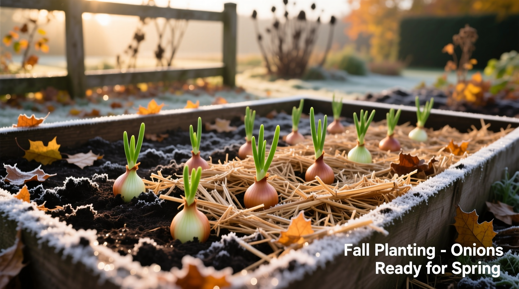 Onion sets planted in fall garden bed with mulch