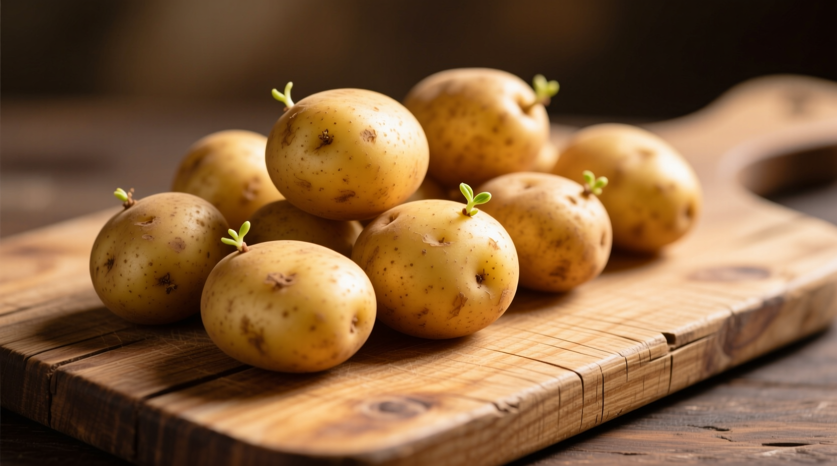Golden potatoes on wooden cutting board
