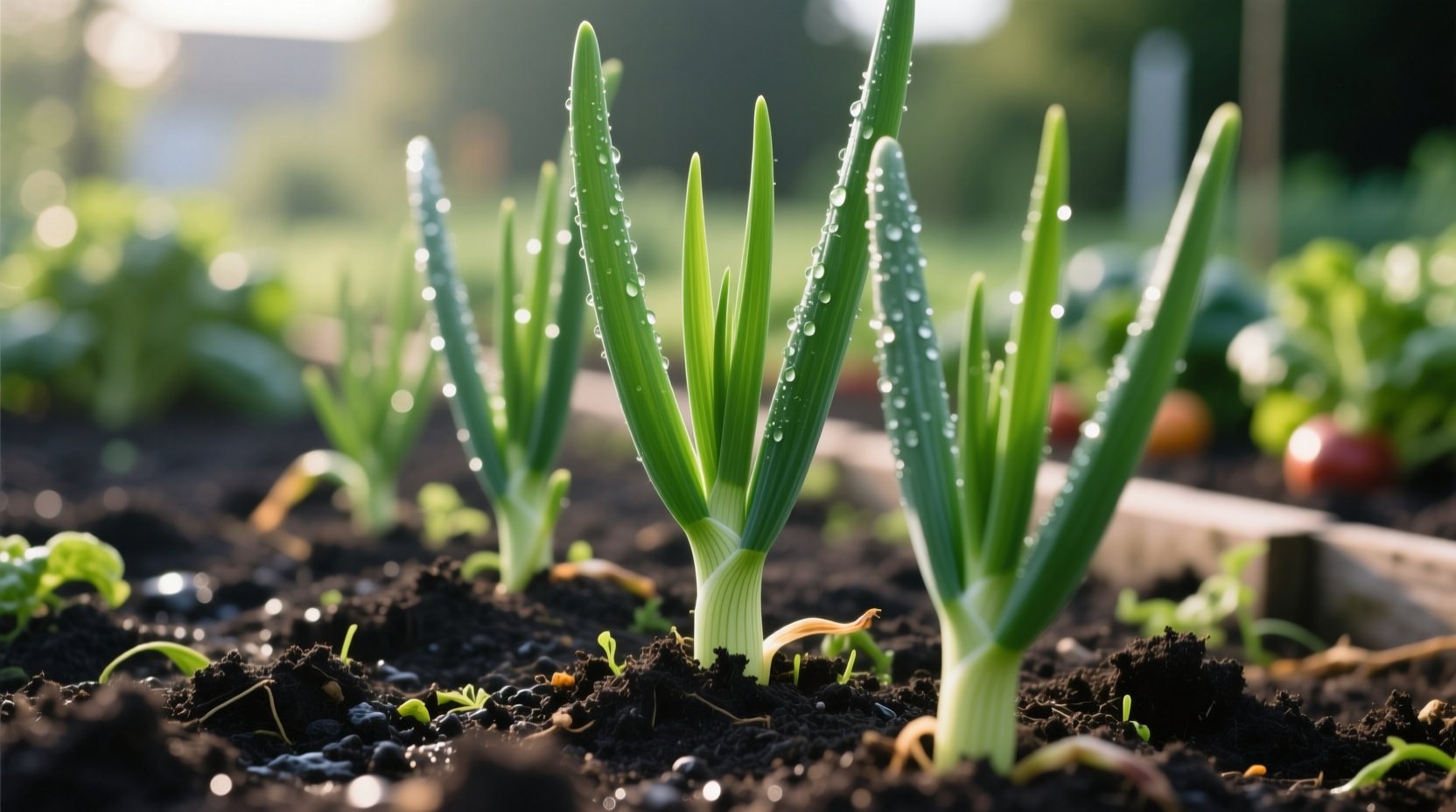 Healthy onion plants growing in garden soil with green tops