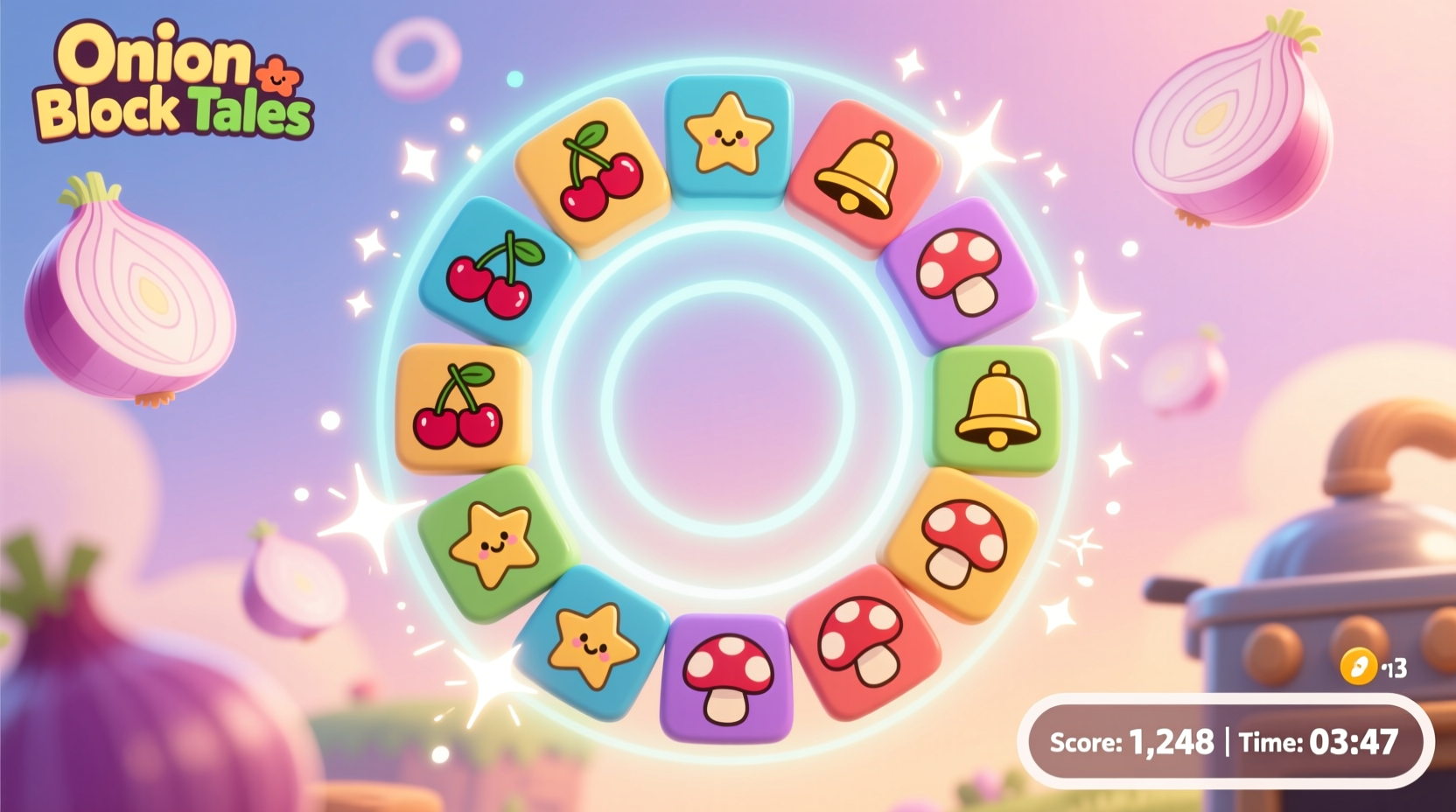 Onion Ring Block Tales gameplay screenshot showing circular matching tiles