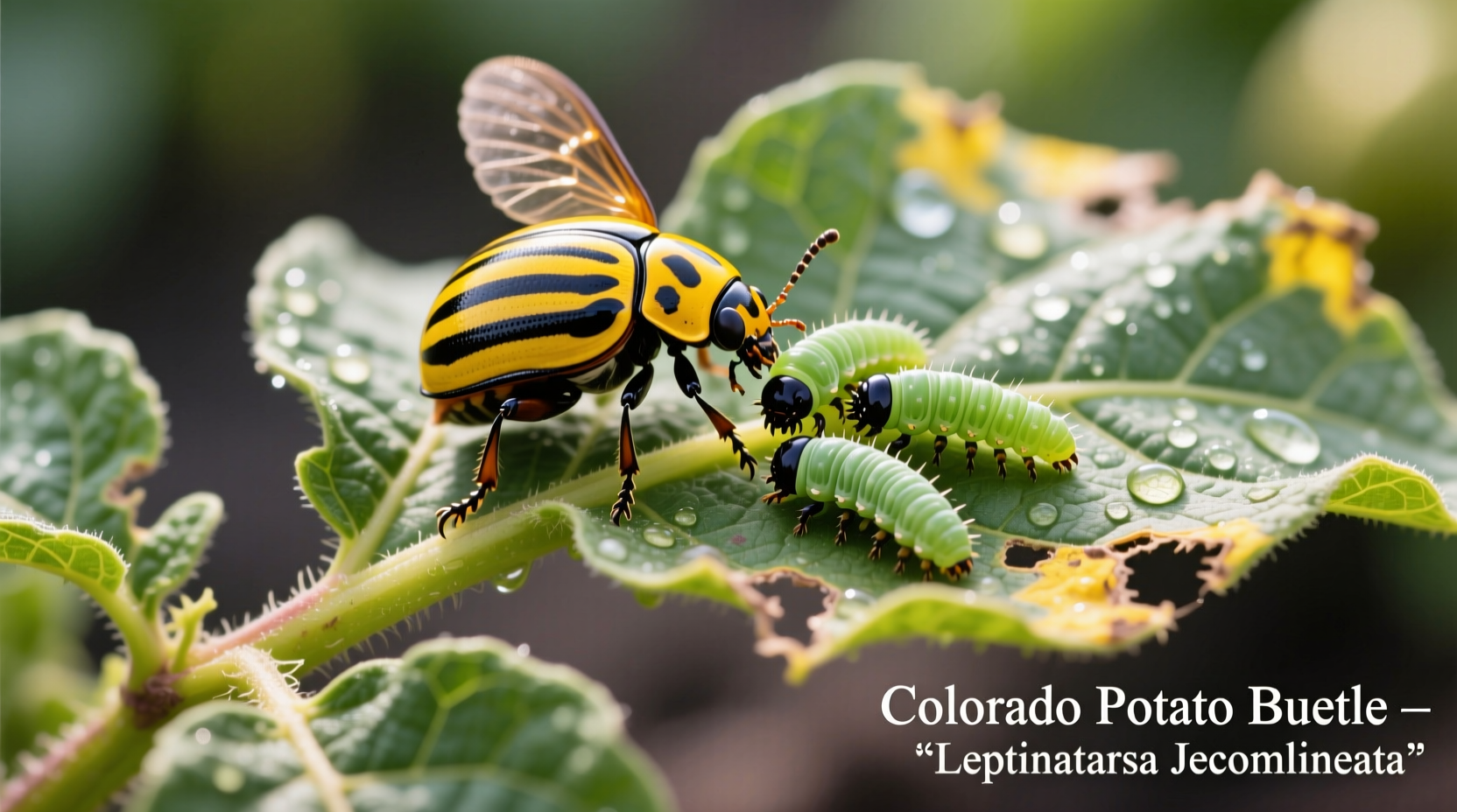 Colorado potato beetle adult and larvae on potato leaf