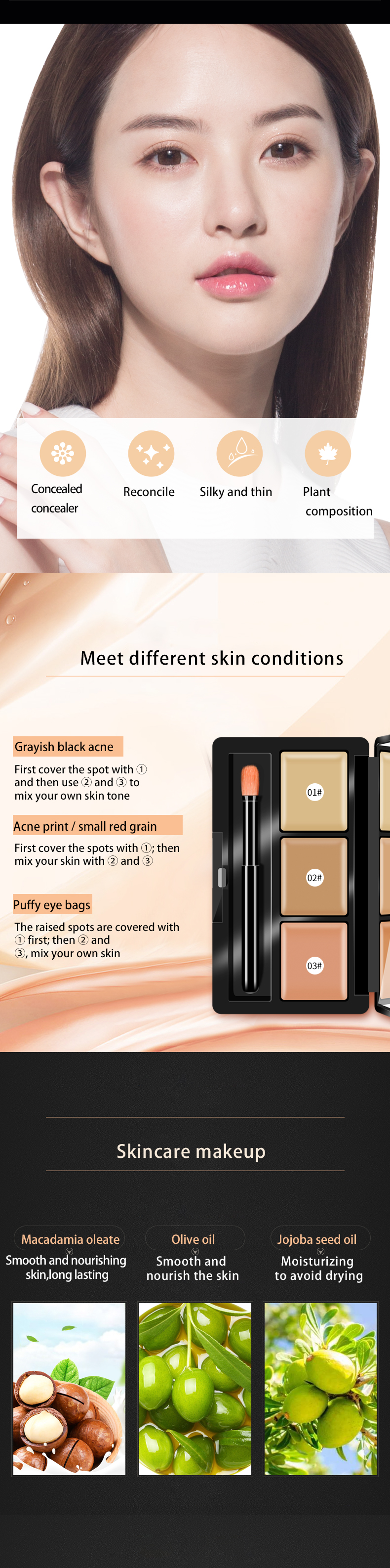 Customize private label 3colors waterproof concealer palette