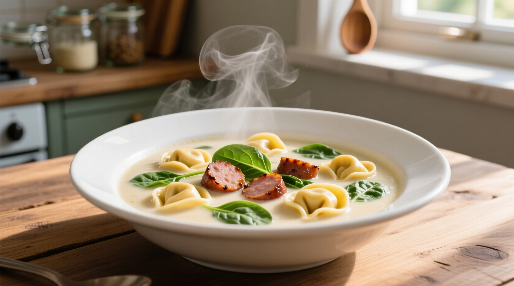 Creamy sausage spinach tortellini soup in white bowl