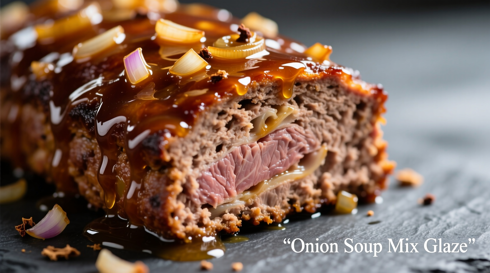 Moist meatloaf slice with onion soup mix glaze