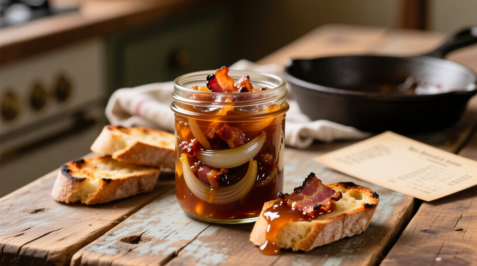 Homemade bacon onion jam in mason jar with crostini