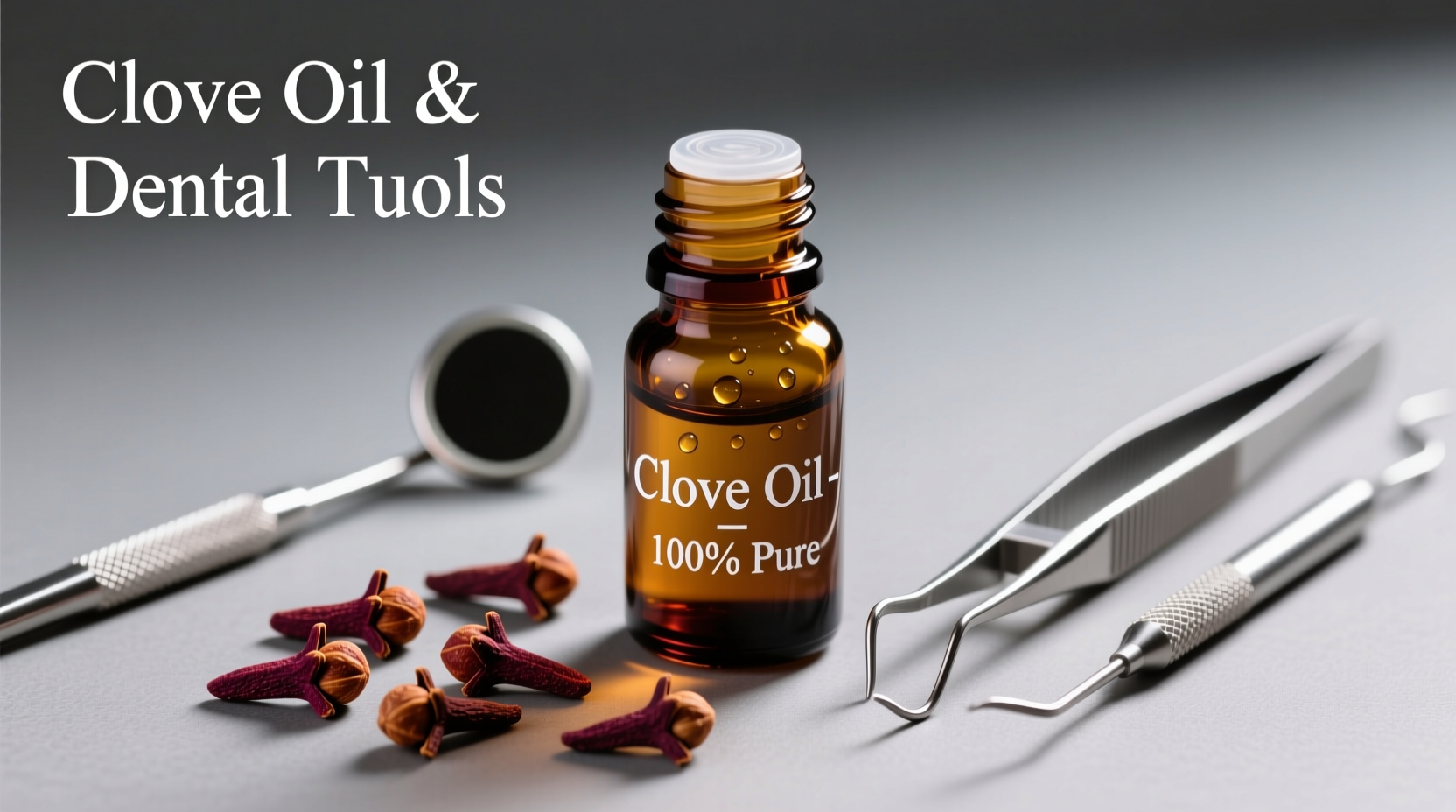 Whole cloves and clove oil bottle next to dental tools